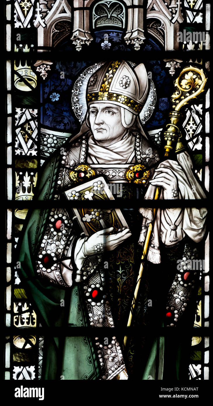 Saint Wilfrid stained glass, St. Wilfrid`s Church, North Muskham, Nottinghamshire, England, UK Stock Photo